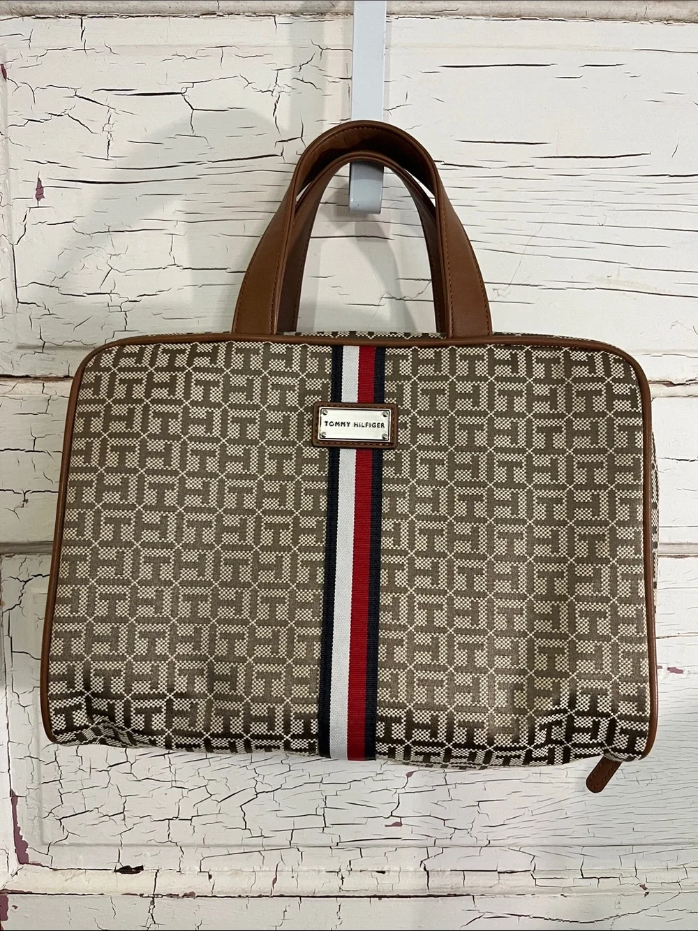 Tommy Hilfiger Brown Monogram Toiletry Travel Bag with Signature Stripe - Picture 1 of 4
